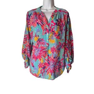 Lilly Pulitzer Delray Trippin & Sippin Silk Blouse Roll Tab Sleeve Resort wear L